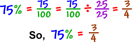 75% = 75 / 100 = ( 75/100 ) / ( 25/25 ) = 3 / 4    So, 75% = 3 / 4